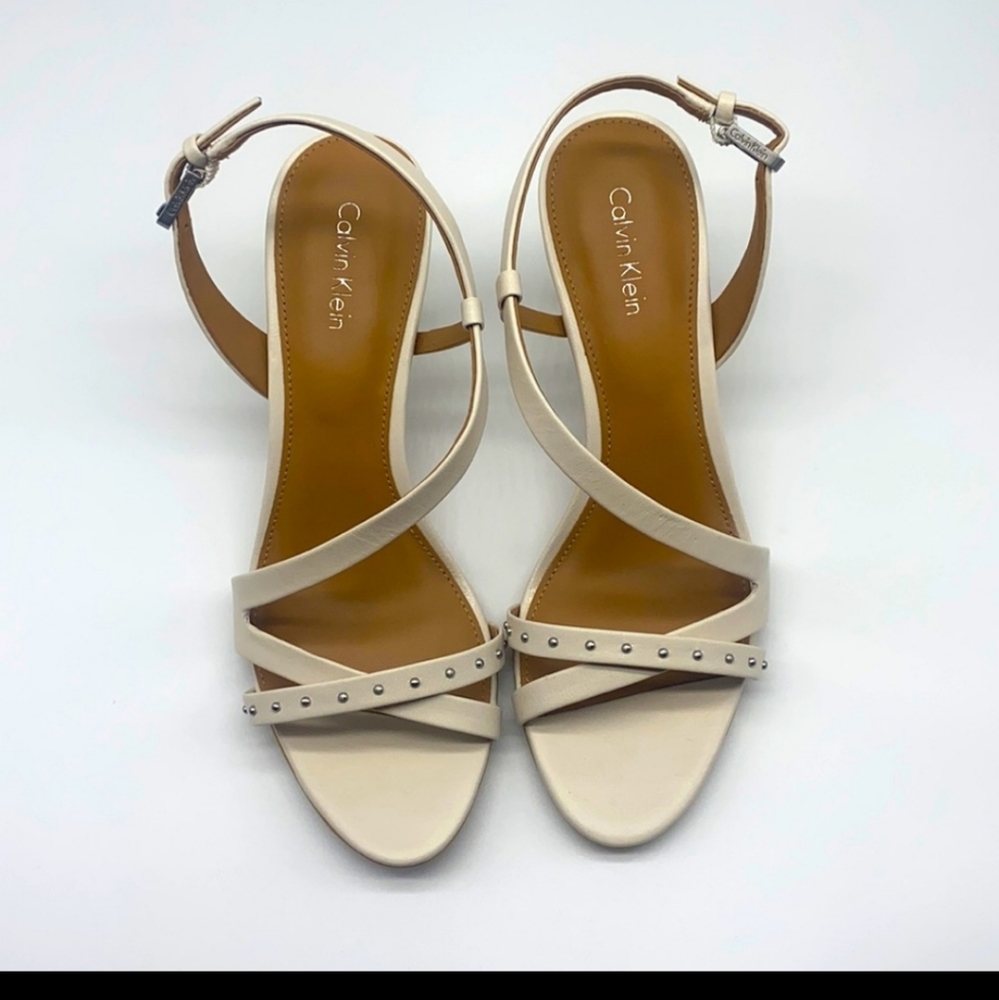 Calvin Klein - Lorelai White / Ivory Leather Open Toe Heel Size 7
